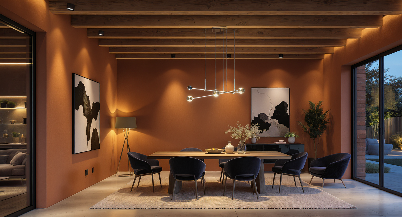 Modern open-plan living and dining area with layered lighting, including a statement chandelier, spotlighted timber beams, and accent lamps.