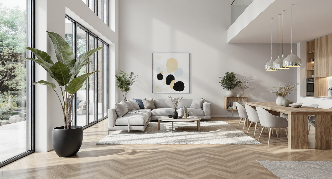 Photorealistic open-concept living and dining space with cohesive furniture scale, seamless flooring, and unified modern decor in natural light.