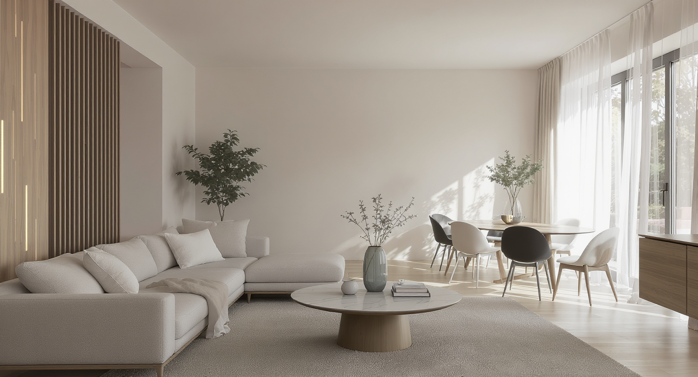 Spacious modern living and dining area with clean lines, neutral décor, curated furniture, natural light, and a subtly incomplete atmosphere.