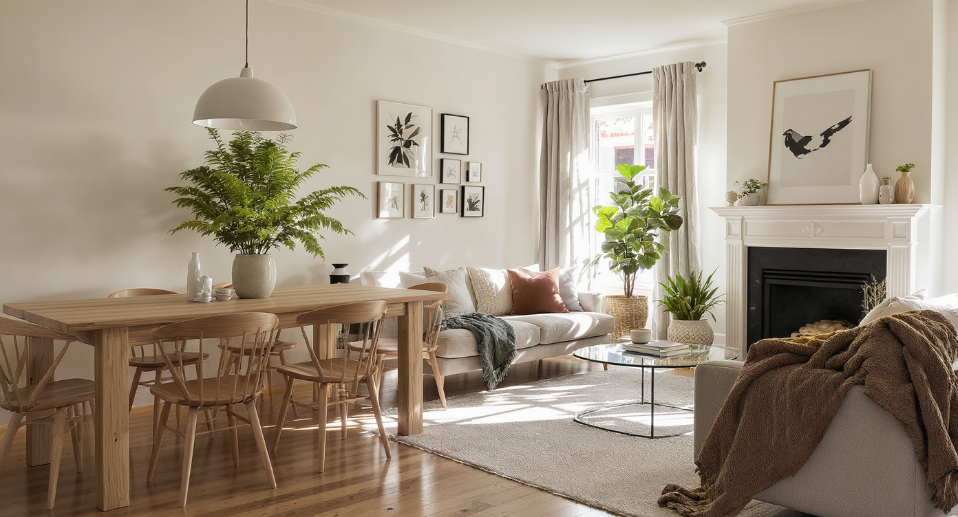 A realistic, sunlit living and dining space with midcentury chairs, modern pendant, colorful textiles, leafy plant, warm wood floors, and cozy details.