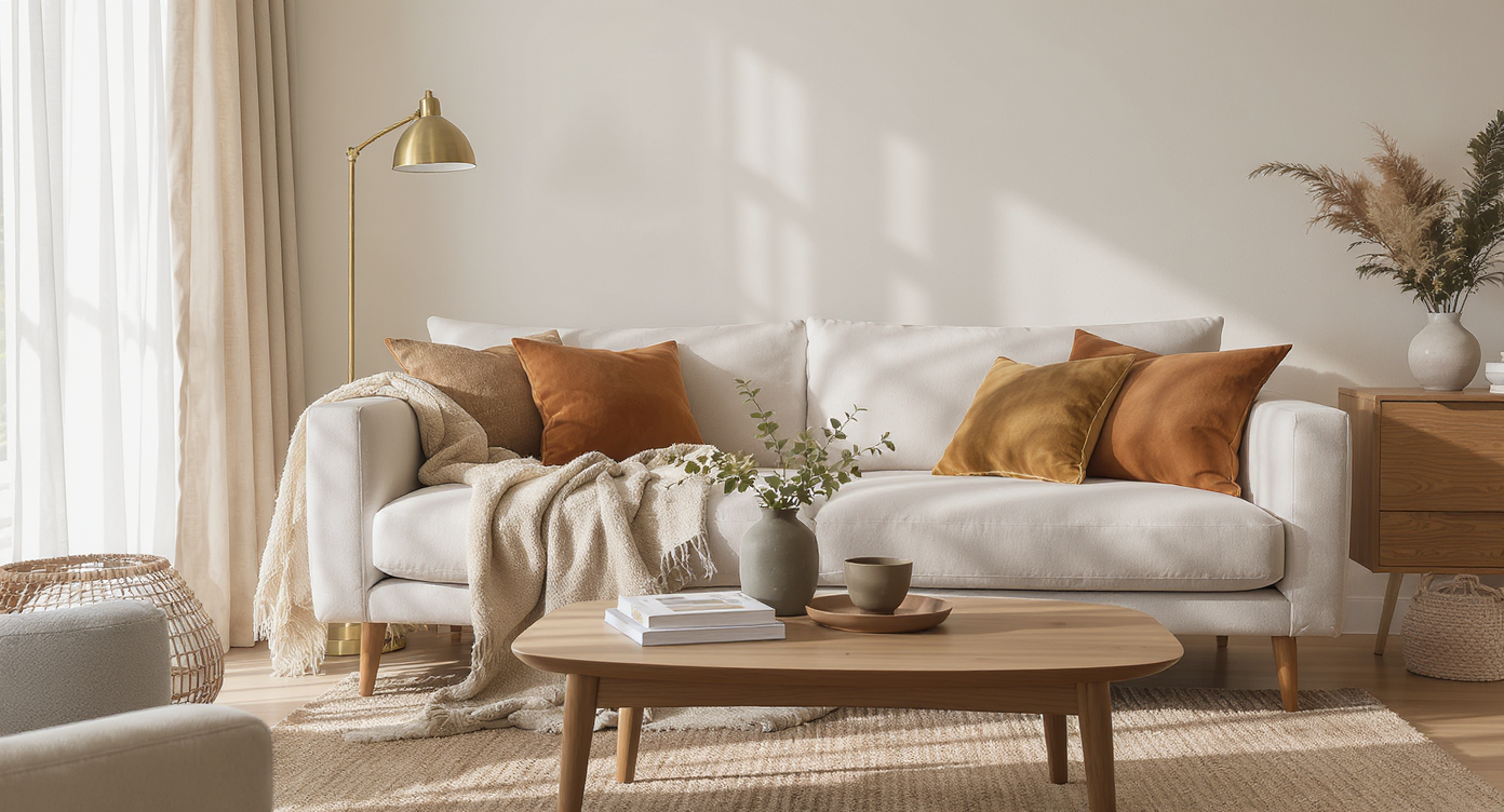 Modern living room with neutral sofa, cozy throw, earth-toned pillows, greenery on a wooden table, and warm natural light enhancing subtle details.