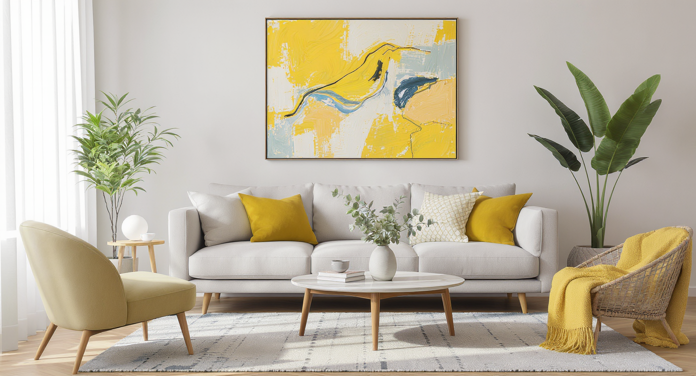 Modern living room with natural woods, neutral sofa, mustard armchair, vivid art, patterned rug, colorful pillows, and green plant for warmth.