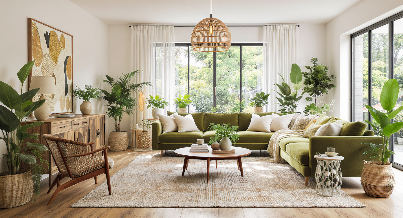 Editorial-quality living room hero image blending seven styles: warm wooden floors, abundant greenery, varied iconic furniture, and lush textures.