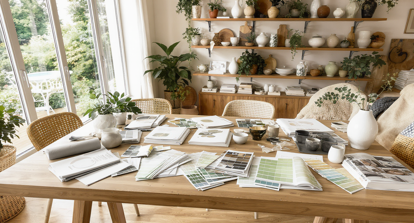 A designer's table in a sunlit living room, covered with green paint chips, wood samples, and fabric swatches near shelves of eclectic decor.