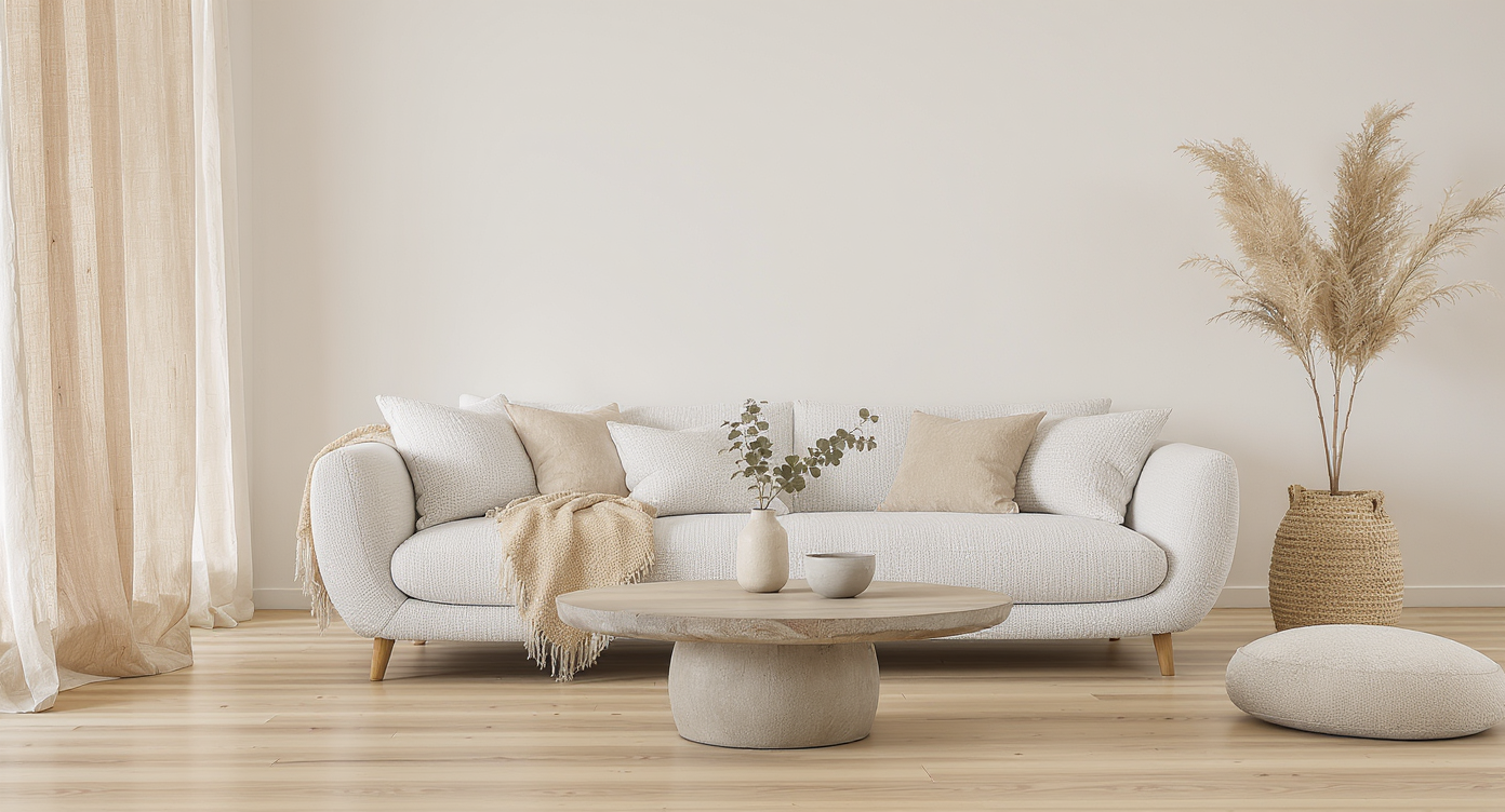 A sunlit, organic modern living room with light wood floors, curved beige sofa, ceramic table, natural textures, and greenery displayed.