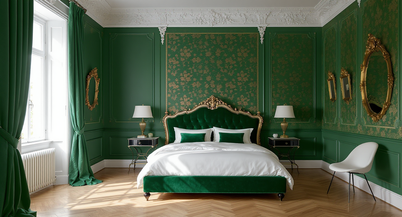 Modern Victorian bedroom with moody green walls, floral wallpaper, carved millwork, gilded accents, and pale wood flooring for balance.