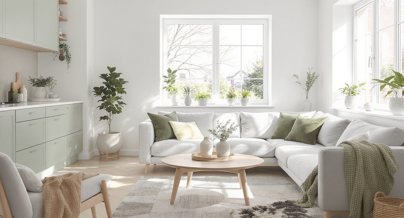 Sunlit Scandinavian minimalist living room with pale wood furniture, white walls, green plants, and painted green cabinetry. No people visible.
