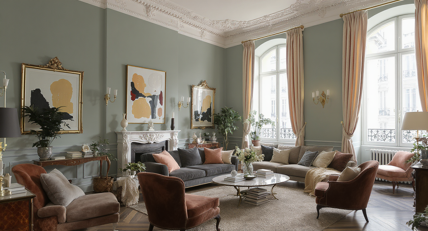 Parisian-inspired living room with tall arched windows, ornate moldings, green walls, chevron wood floors, brass lighting, and antique mirrors.