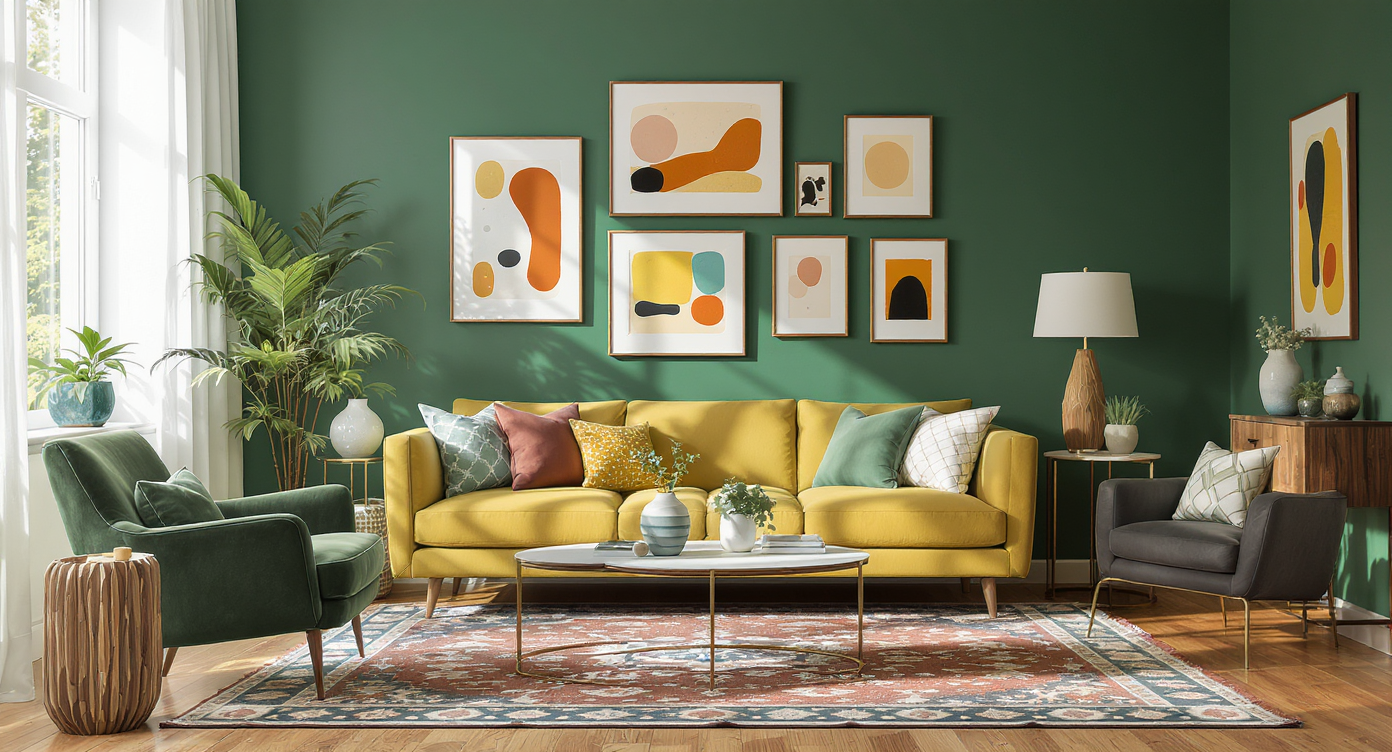 Eclectic living room with green walls, wood floors, diverse iconic furniture, patterned rug, and vibrant gallery wall in natural daylight.