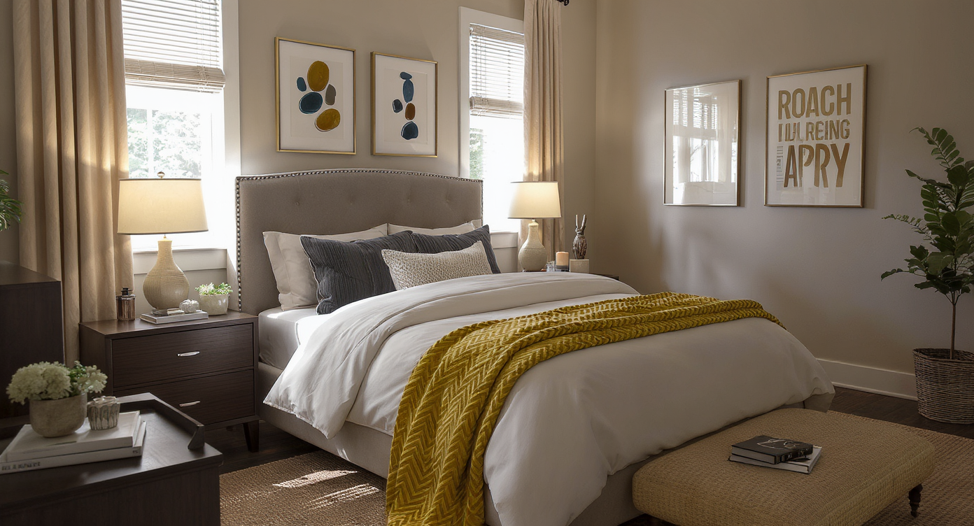 Modern bedroom with upholstered bed, neutral linens, decorative pillows, unique art and accents, natural light, and tidy nightstand.
