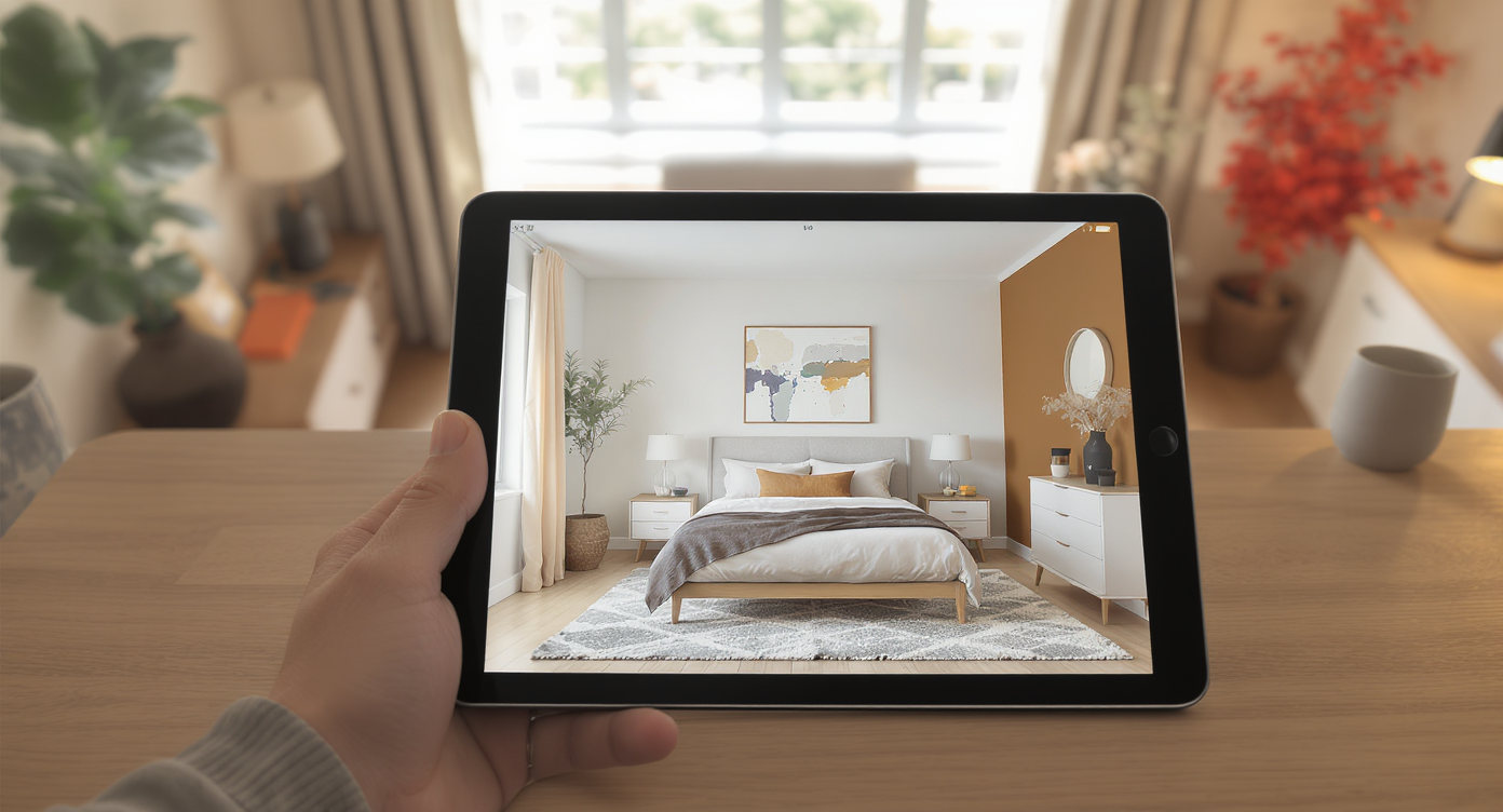 A sunlit bedroom with a tablet on a desk displaying a digital mockup of the same room, highlighting alternate layouts and decor options.