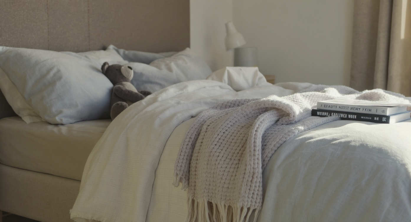 A realistic, tidy bedroom blends mature style with personal items, such as a plush toy on the bed, organized desk, photos, and artwork.