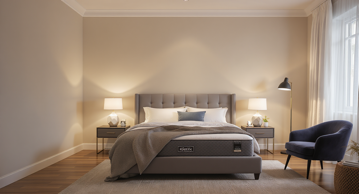 Modern bedroom at dusk with layered lighting—overhead fixture, bedside table lamp, and floor lamp—creating a warm, inviting, and mature ambiance.