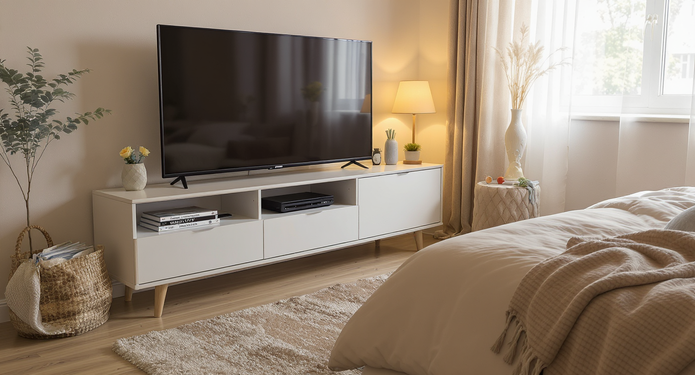 A stylish bedroom blends a modern media setup with cozy softness, featuring a plush rug, layered bedding, and accent pillows for comfort.