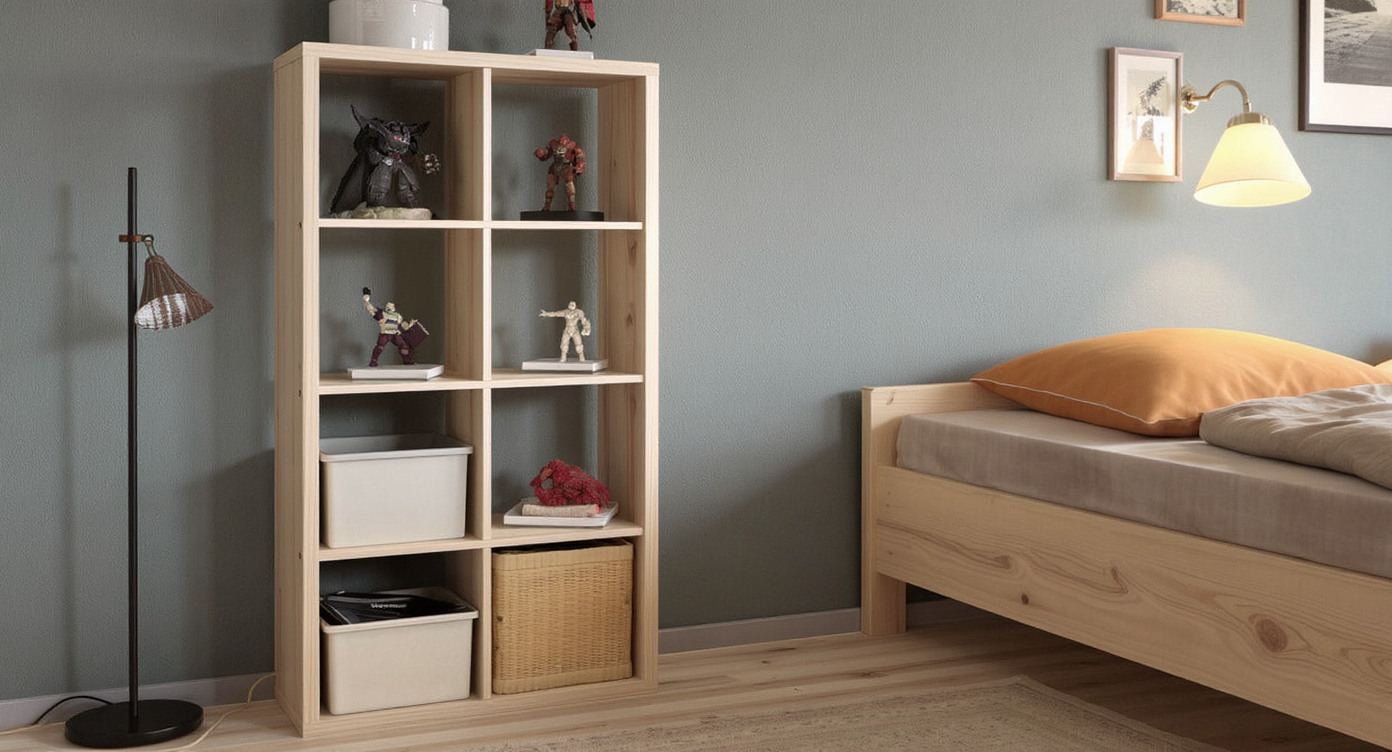 A modern bedroom corner shows a minimalist shelf with a few grouped collectibles, closed storage boxes, and a calm, clutter-free ambiance.