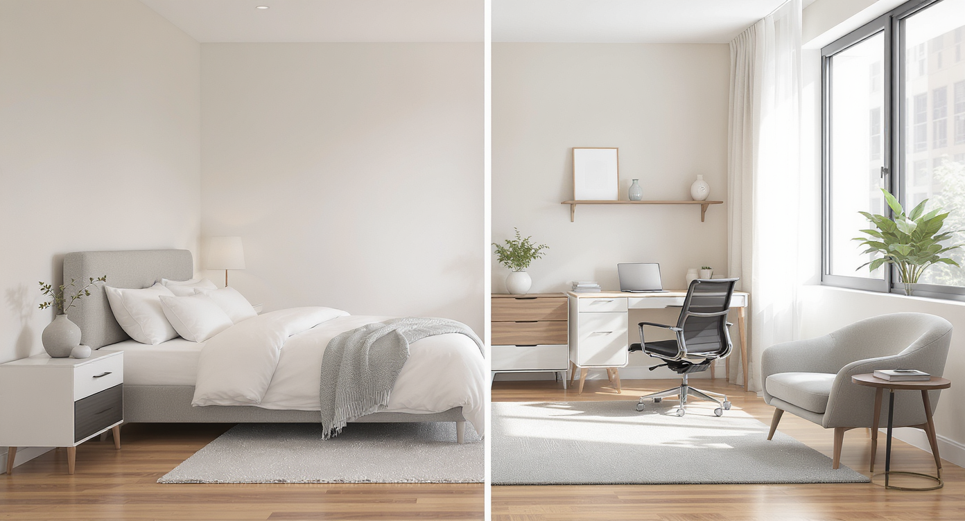 Photo-realistic bedroom organized into sleeping, working, dressing, and reading zones—distinct areas with furniture, natural light, and no people.