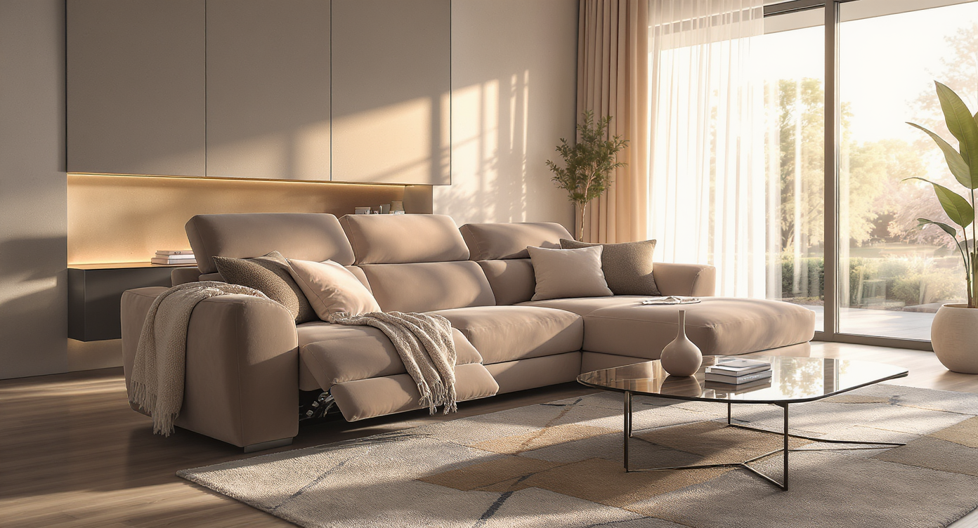 A modern living room with a stylish reclining sofa as the focal point, bathed in natural daylight, showcasing comfort and contemporary design.