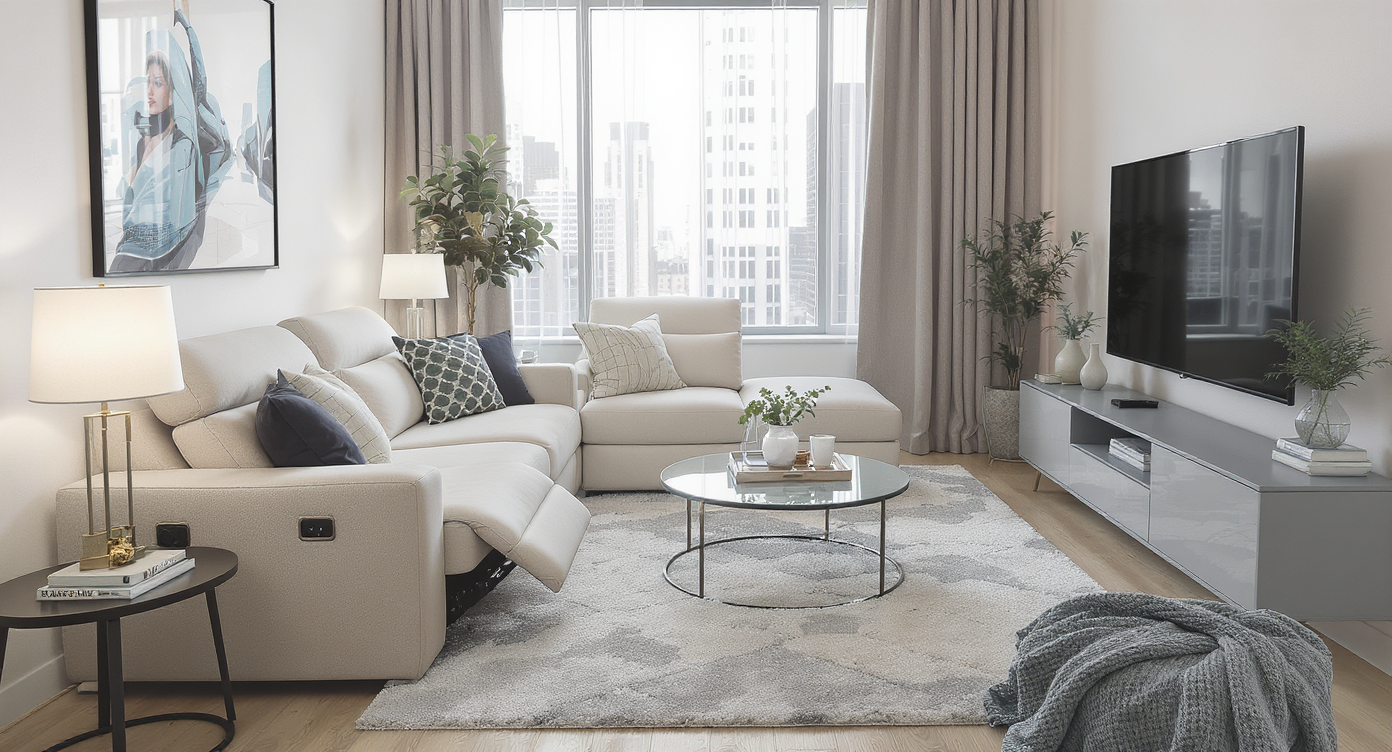 A stylish reclining sofa in a compact city living room features built-in cup holders, charging ports, and a modular chaise, with a laptop showing a layout tool.