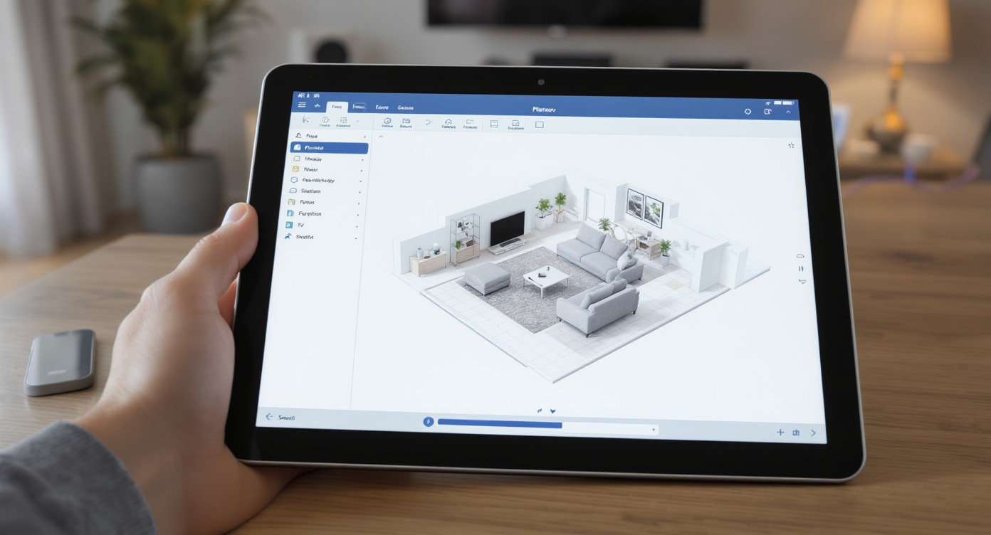 A photorealistic living room with a reclining sofa, a visible touchscreen tablet displaying the room’s digital 3D layout, and home entertainment setup.