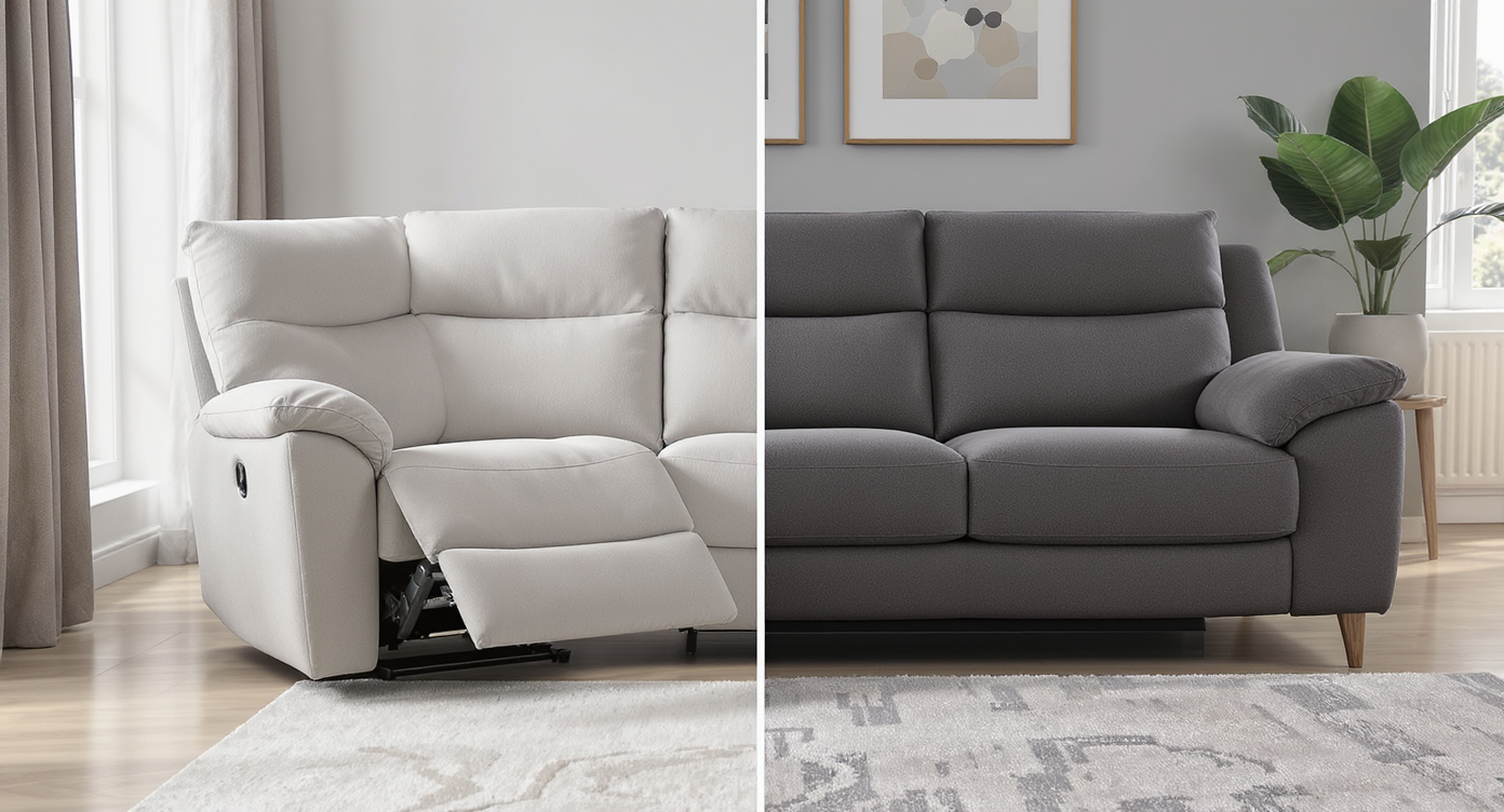 A modern living room displays a classic bulky recliner next to a slim, stylish reclining sofa, both blending comfort and sophisticated design in natural light.