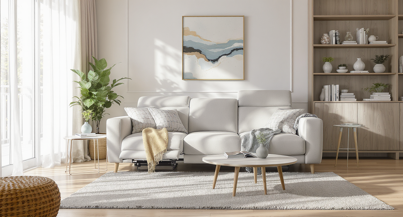 Modern living room with a neutral reclining sofa as the centerpiece, leg rest extended, surrounded by calm decor and natural light, no people.