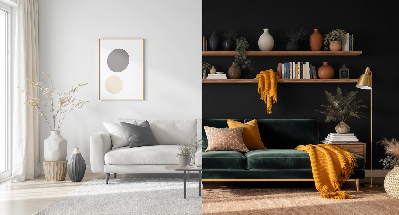 A compact living room transitions from trendy, minimalist decor to a more personal style, featuring emerald, mustard, and moody black accents.