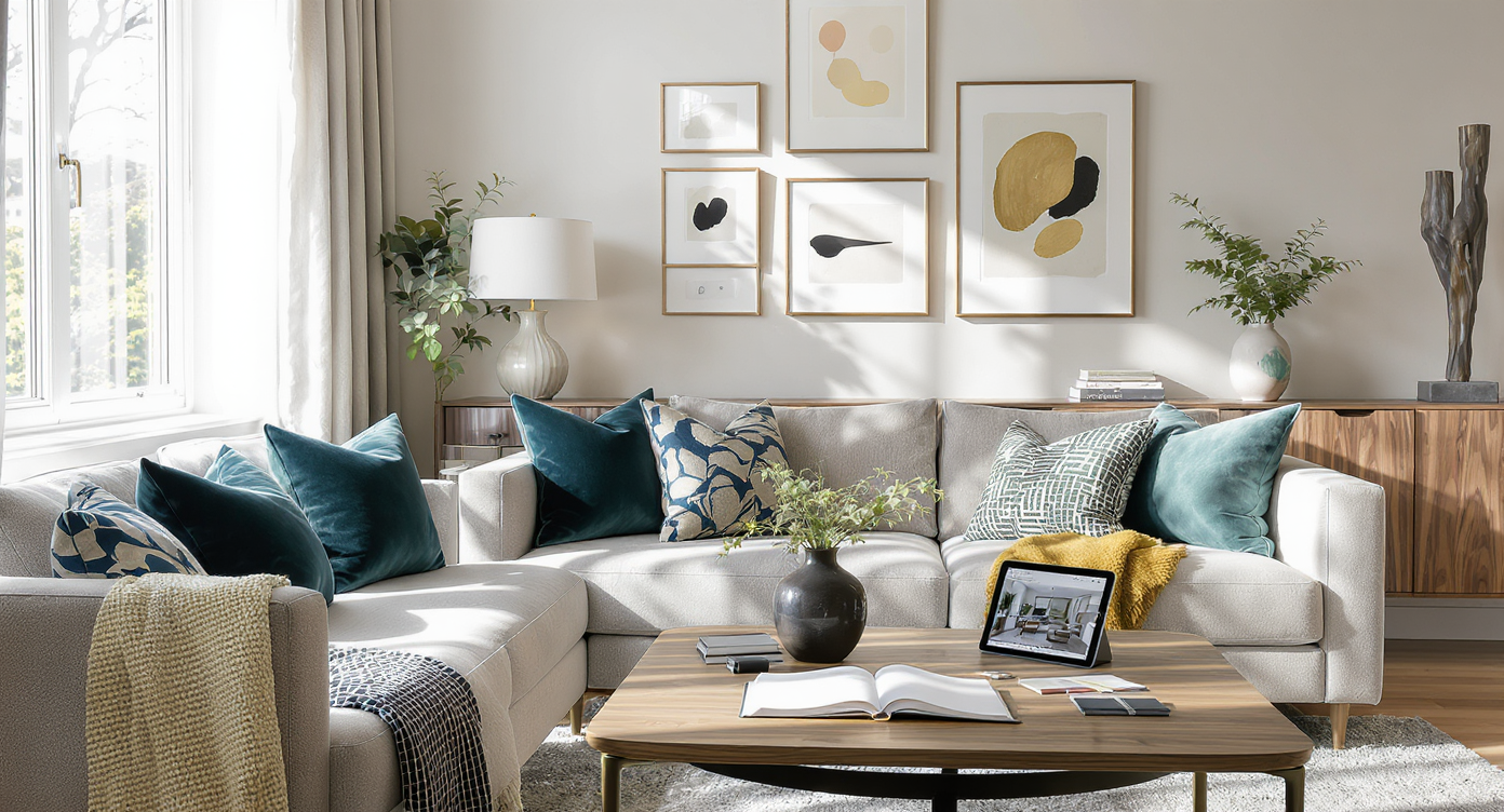 A modern living room with jewel-toned accents, antique hardware samples, decor swatches, and a tablet showing AI design overlays.