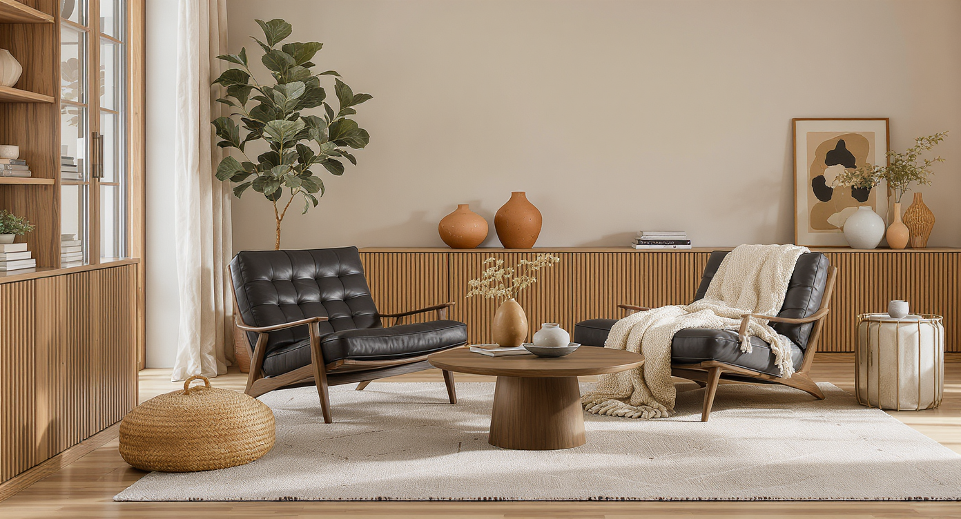 A cozy living space with a plush leather chair, leafy plant, patterned rug, and warm wood accents arranged in a harmonious, eclectic style.