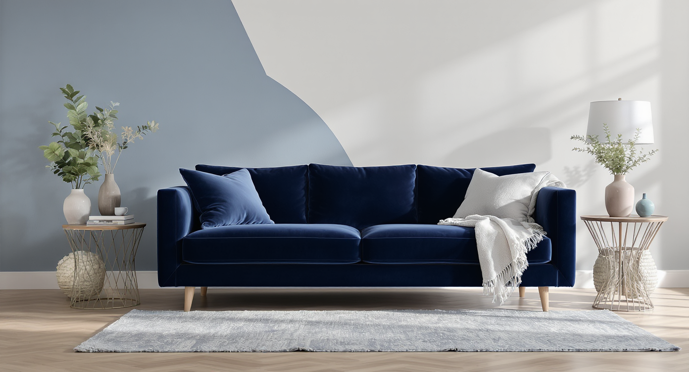 Inviting living room blending modern, classic, and mid-century styles with design samples and open books, bathed in natural daylight.