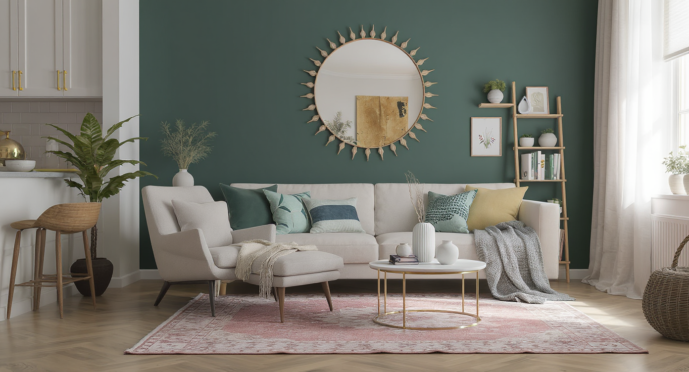 A photorealistic living room vignette featuring a modern armchair, vintage rug, leafy plant, softly-lit reading nook, and bold kitchen accent.
