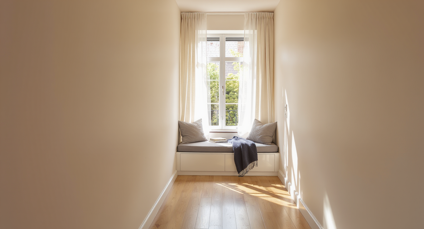 A sunlit bedroom corridor features a built-in bench with cushions and a throw below a window, forming a cozy, uncluttered reading nook.