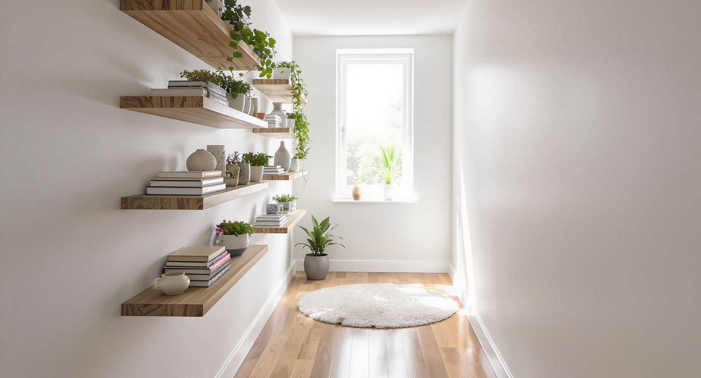 A narrow bedroom corridor with floating shelves on one wall displaying books, plants, and décor, leaving the walkway open and sunlit.
