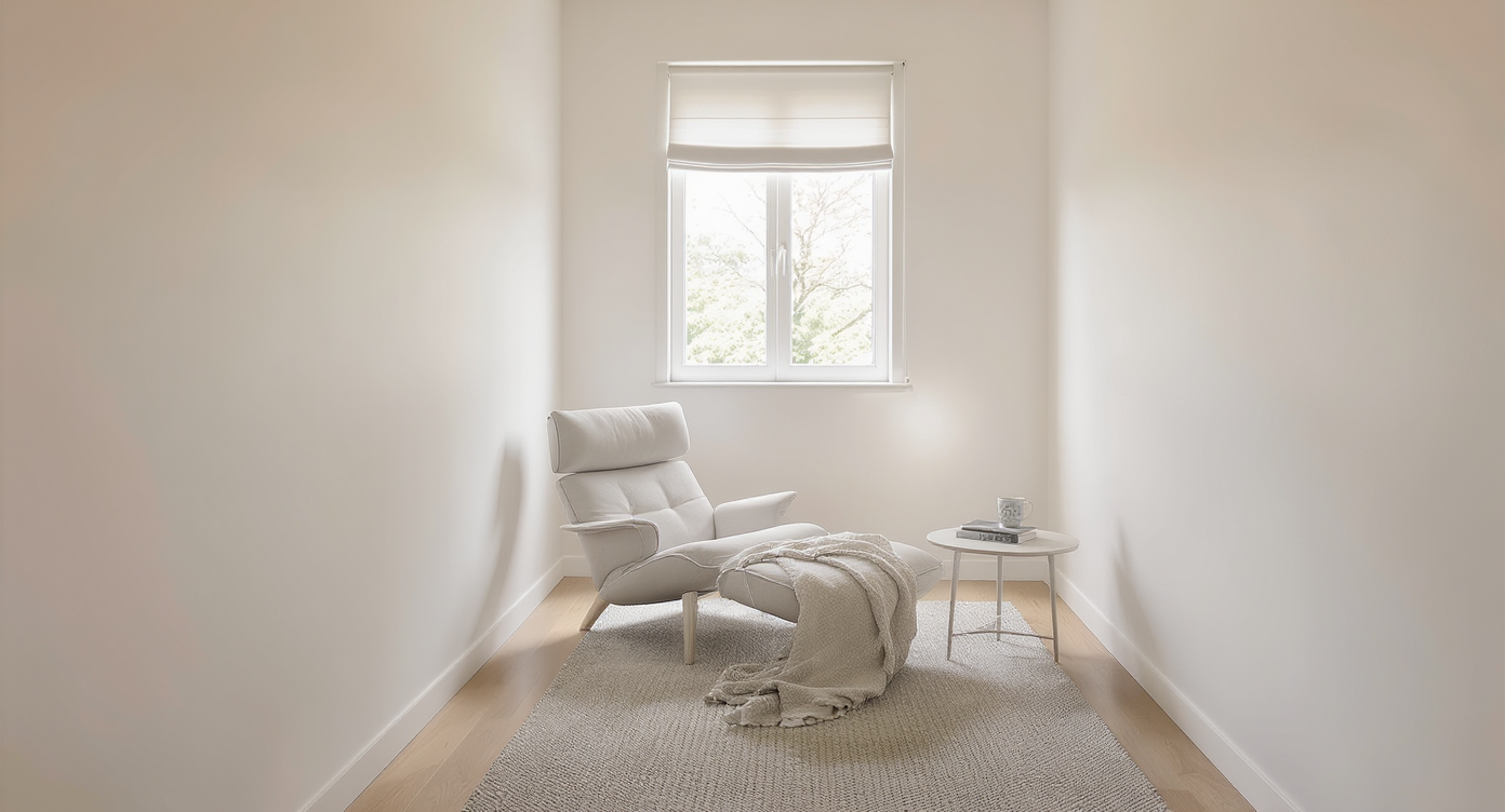 A long, narrow bedroom corridor with a minimalist sitting area, featuring a legless chair, small side table, and layered rug under soft natural light.