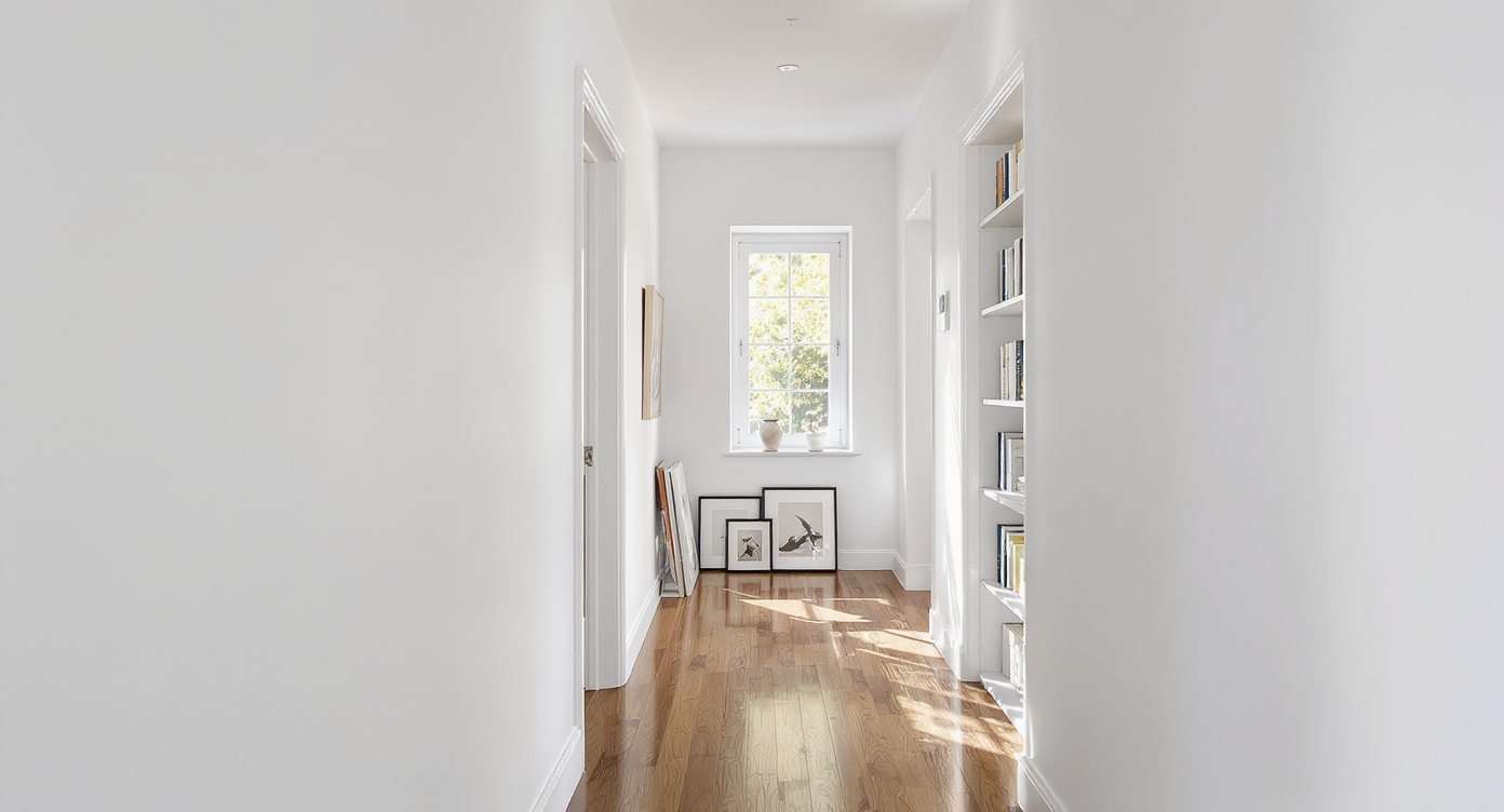 A photorealistic, long narrow corridor showcases symmetrical art frames by the entrance and sleek floating bookcases along the wall, filled with books.