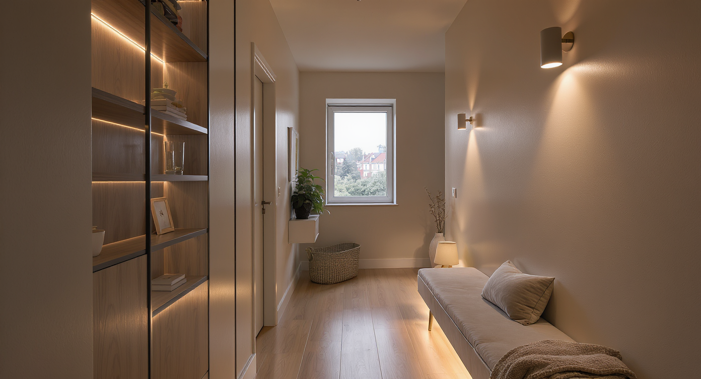 A narrow bedroom corridor with layered lighting: pendant light, wall sconce, and shelf accent lights, creating a warm, inviting passageway.