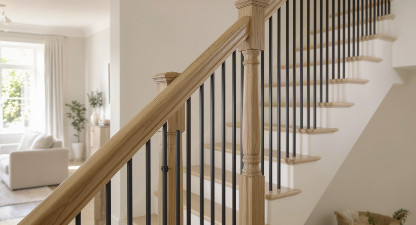 Wide wooden handrail on a modern staircase in a sunlit home, with natural light highlighting its broad surface and realistic textures.