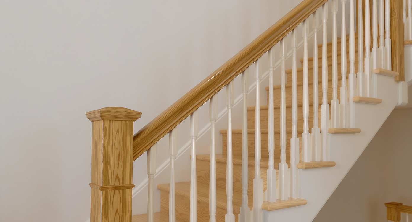 A broad, flat staircase rail with mug and phone on top, paired with a rounded code-compliant handrail below in a modern home setting.