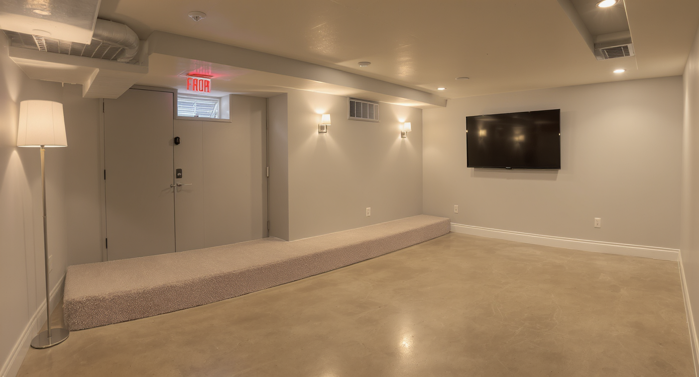 Modern finished basement with light-painted walls, warm LED lighting, secure smart door, camera, sensors, and a built-out platform seating area.