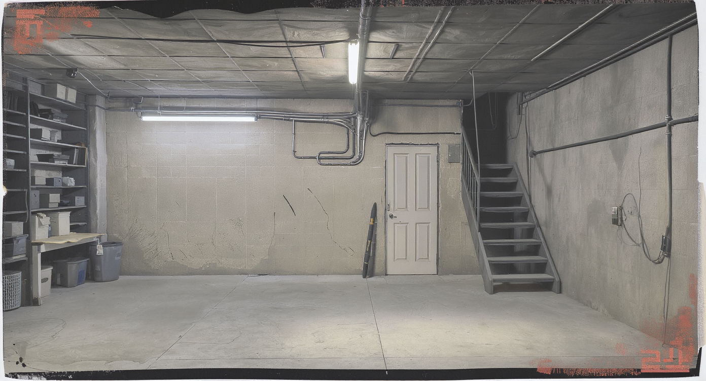 A windowless, freshly cleaned and brightly lit segmented basement with storage shelves, painted concrete walls, and an organized workbench area.