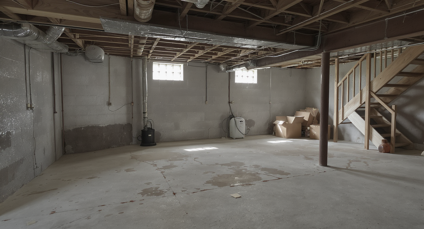 A realistic, unfinished basement with cinderblock walls, bare concrete floor, exposed beam, sump pump, scattered boxes, and stairs leading upward.