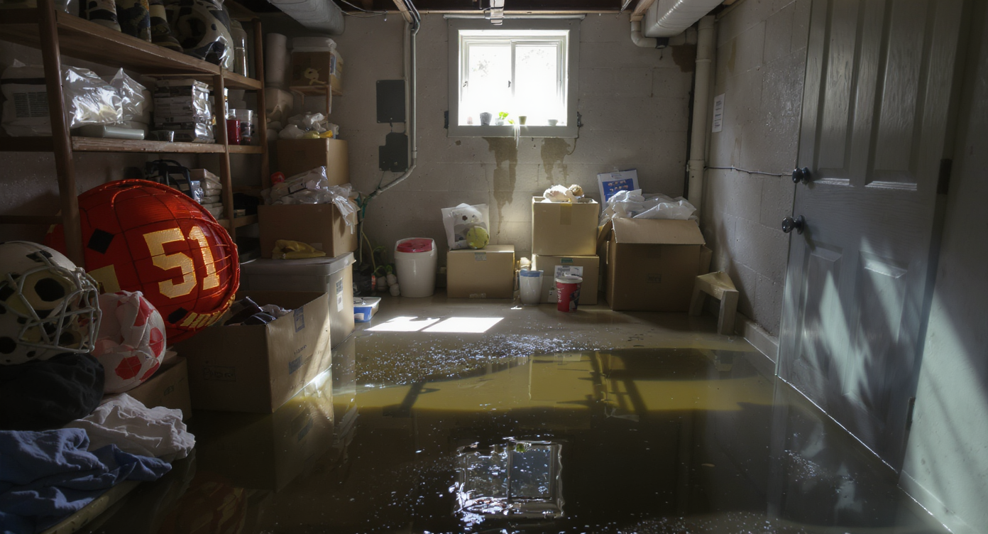 A realistic basement scene showing belongings at risk from water intrusion, flooded floor, water stains, and flood risk documentation visible.