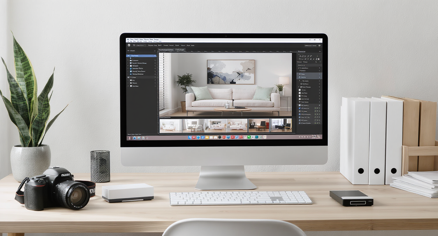 Desktop workspace with a computer uploading unfurnished room images to a virtual staging tool, surrounded by photo equipment and organized folders.