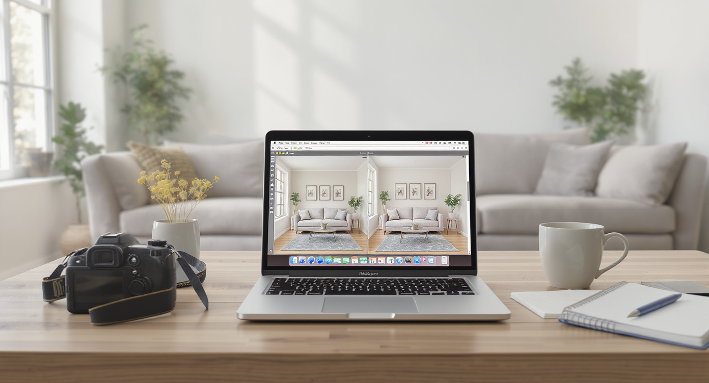 Modern living room with a laptop showing a before-and-after virtual staging example, camera, and notepad on a table, no people present.