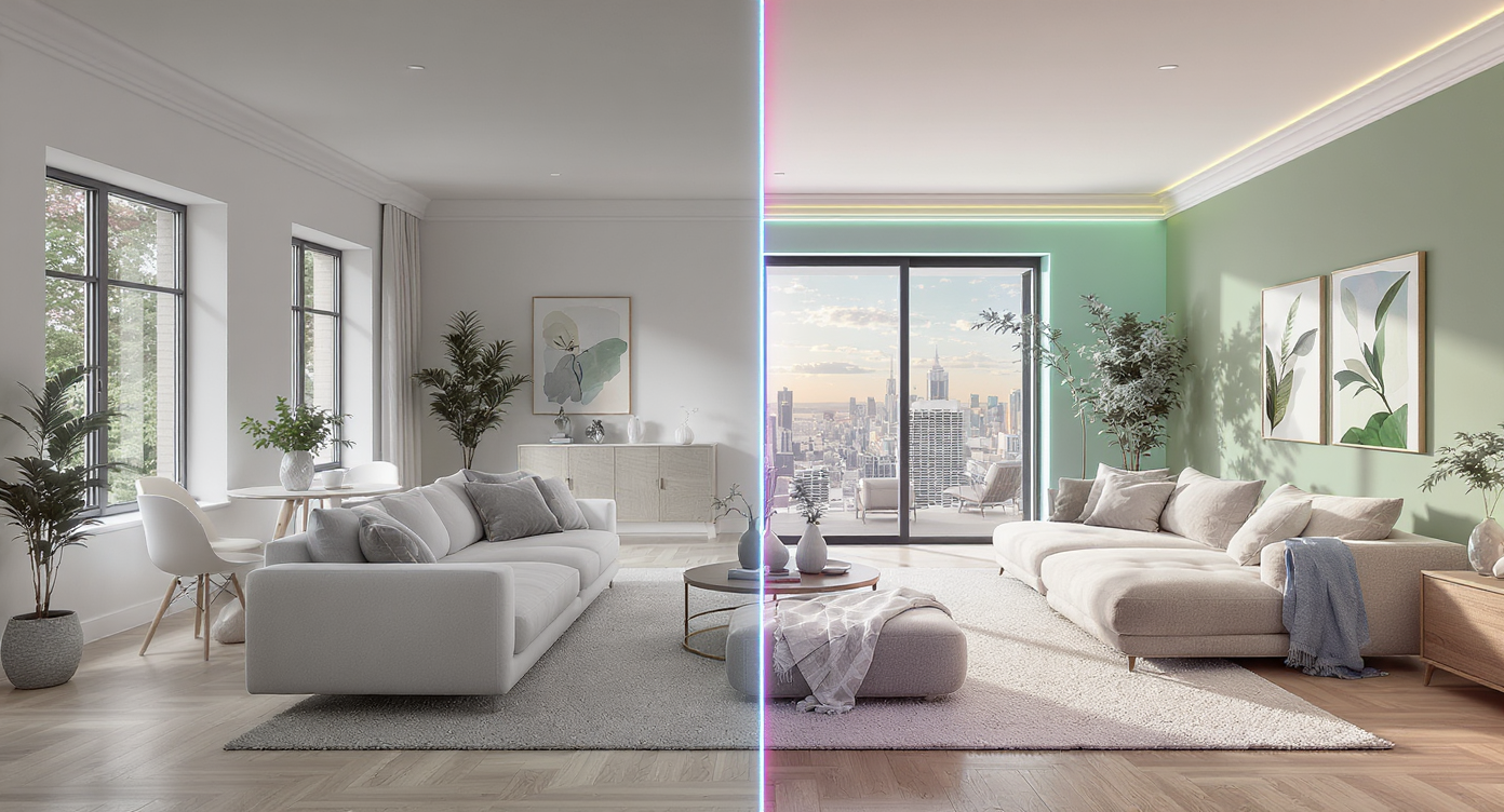 Realistic side-by-side comparison of two virtually staged living rooms: one accurately furnished, one with exaggerated, unrealistic edits, no people visible.