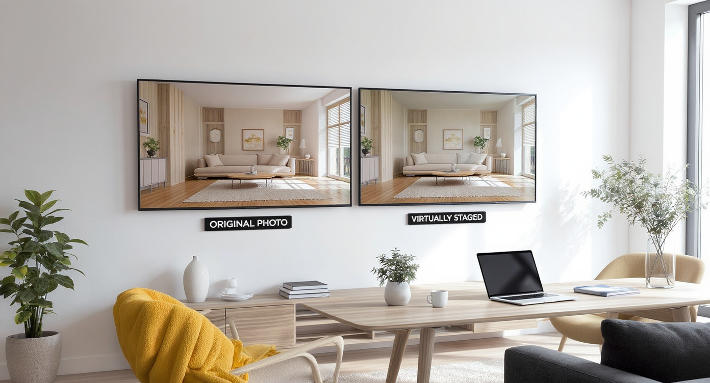 Side-by-side screens display an original living room photo and its virtually staged version, emphasizing transparency and ethical real estate marketing.