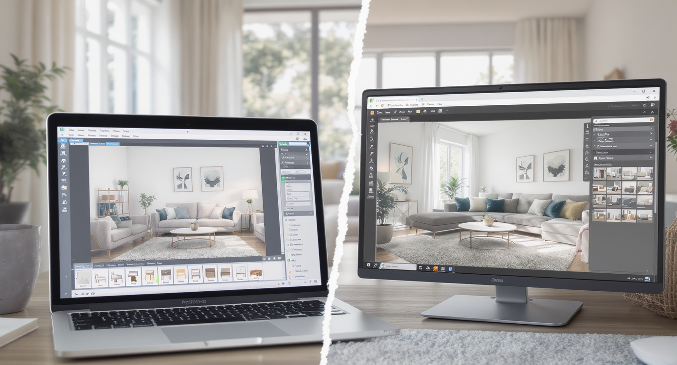 A split-view living room shows the same space virtually staged on two screens: one with basic, low-res furniture, the other with detailed, premium furnishings.