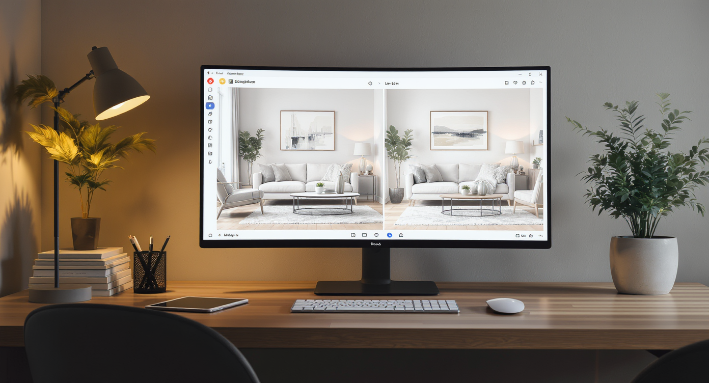 A modern living room is displayed empty in the foreground while a computer monitor shows two virtual staging options: one contemporary, one traditional.