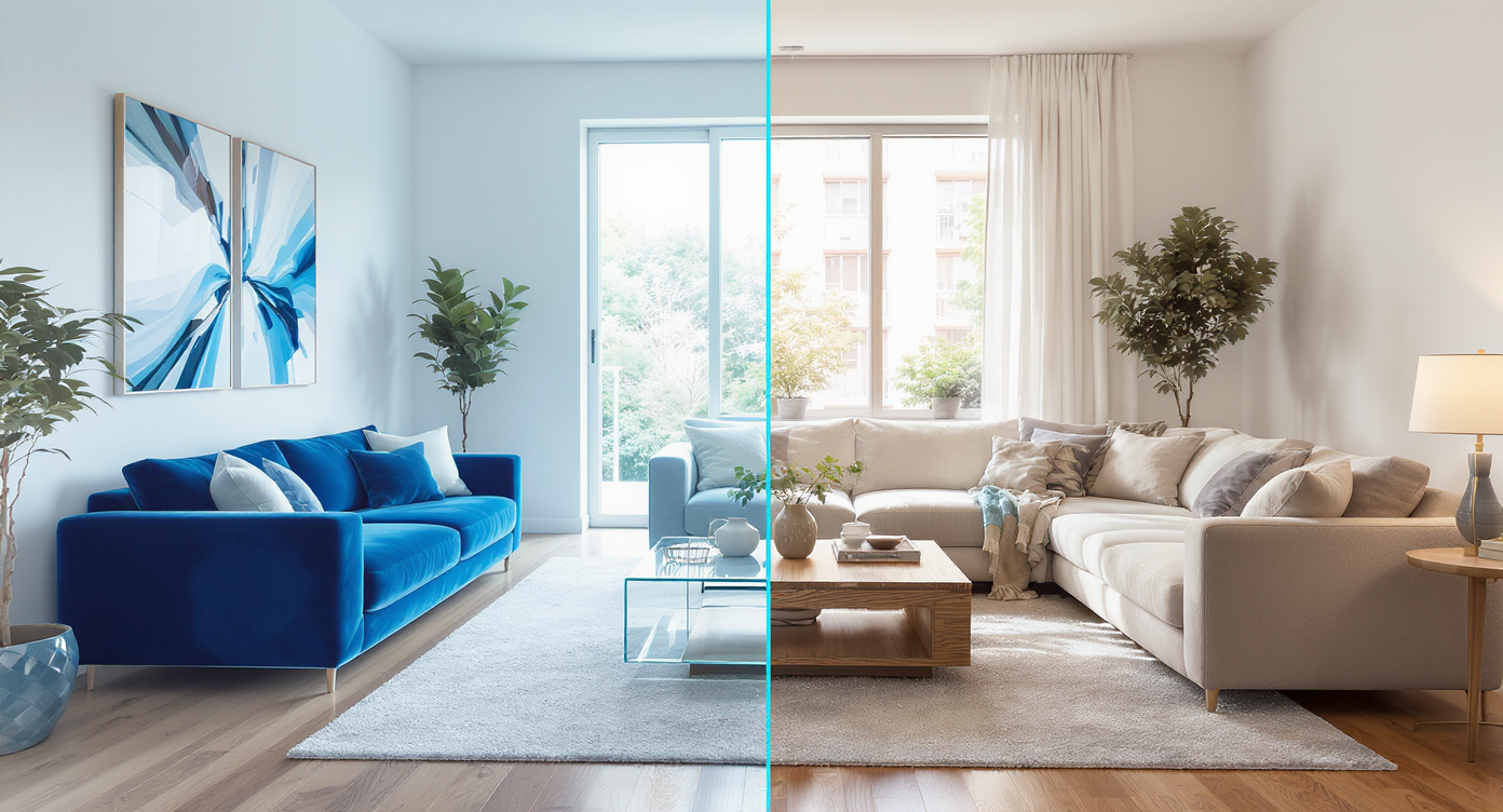 Side-by-side view of a living room split into virtual and traditional staging: one side digitally rendered with modern decor, the other physically staged with real furniture.