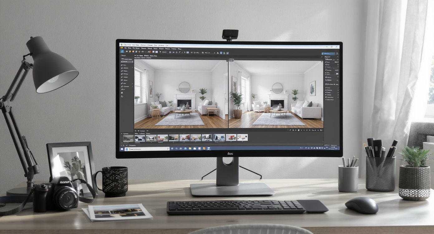 Photorealistic home office with a desktop showing a property photo being virtually staged using user-friendly software, with staging tools and materials on desk.