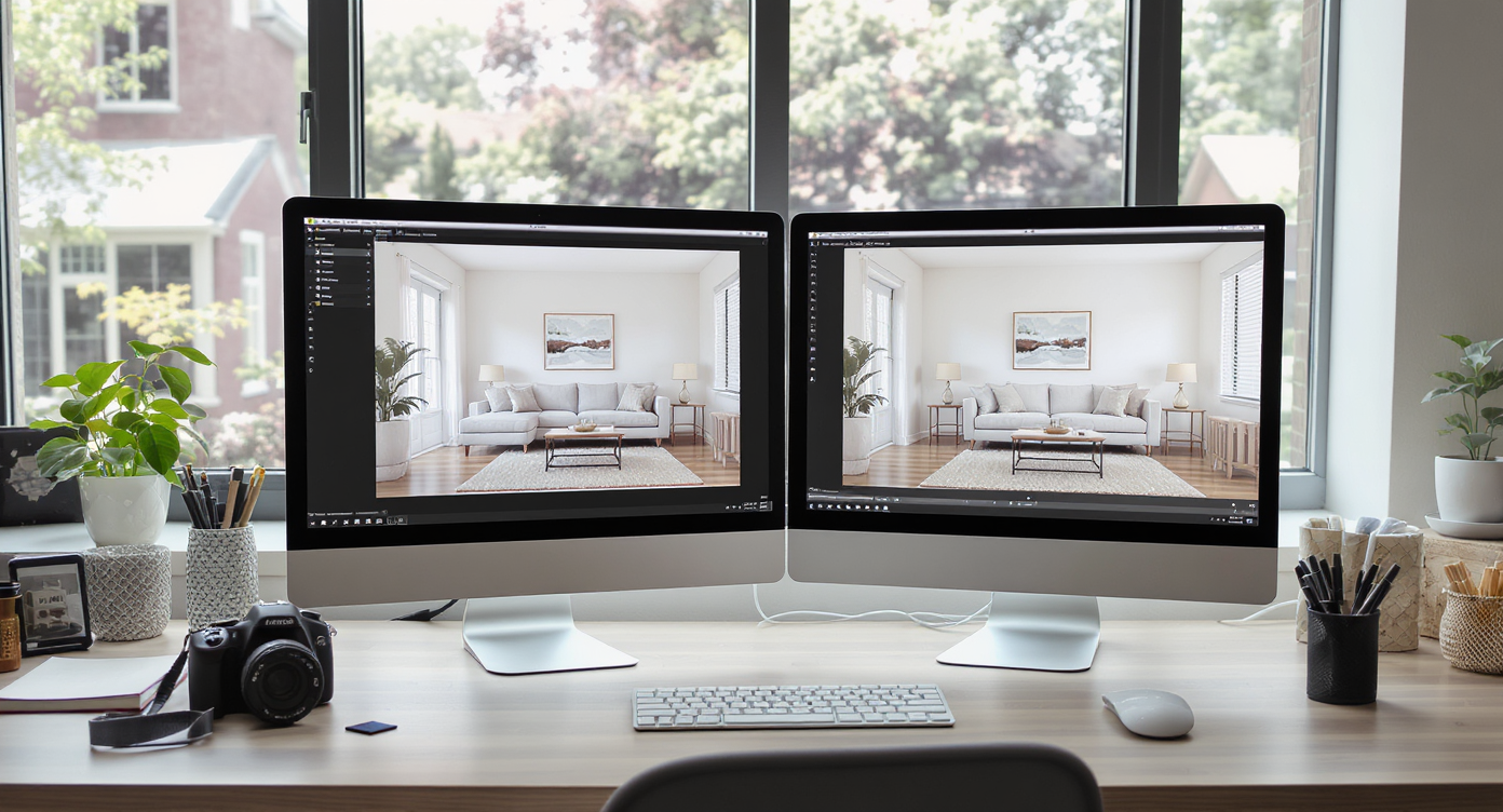 A modern home office showing a computer monitor with vacant and virtually staged living room images, plus a camera and real estate tools on a desk.